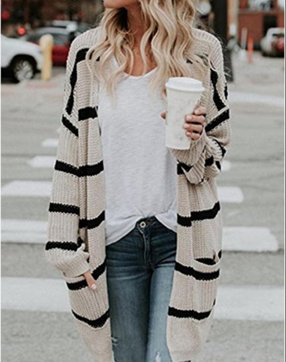 Cozy Neutral Classic Chic Cream and black Beige Cardigan Medium